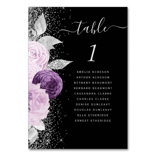 Numéro De Table Mariage Fleur Violet Argent Paillettes Noir (Dos)