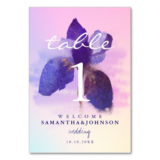 Numéro De Table Mariage Fleurie Iris Aquarelle Rose Violet Dégradé (Par défaut)