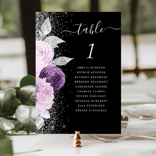 Numéro De Table Mariage Fleurie Violet Argent Pailleté Noir