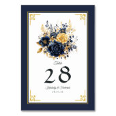 Numéro De Table Mariage Fleuris Bleu Marine et Or (Dos)