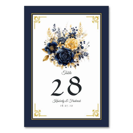 Numéro De Table Mariage Fleuris Bleu Marine et Or (Par défaut)