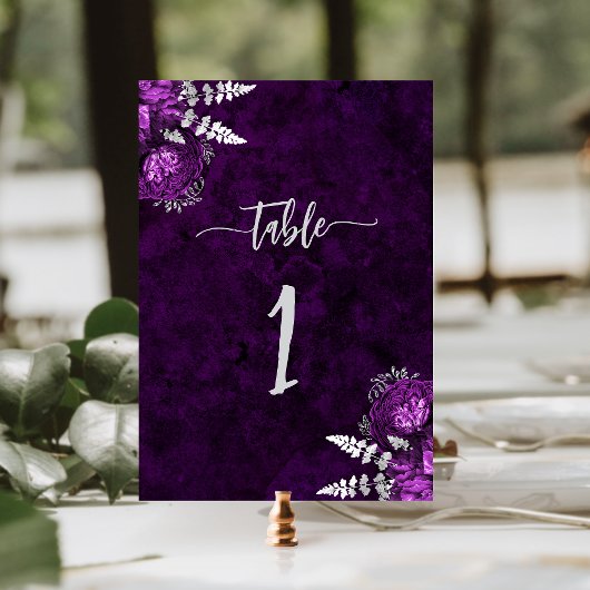 Numéro De Table Mariage Fleuris Élégant Prune Argent