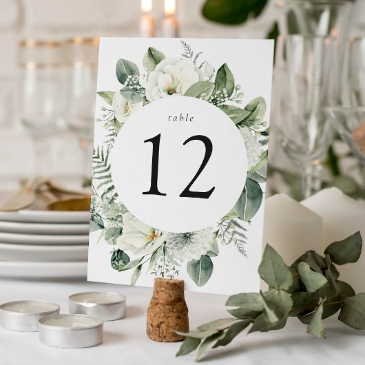 Numéro De Table Mariage Fleurs Blanches Luxuriantes et Verdure