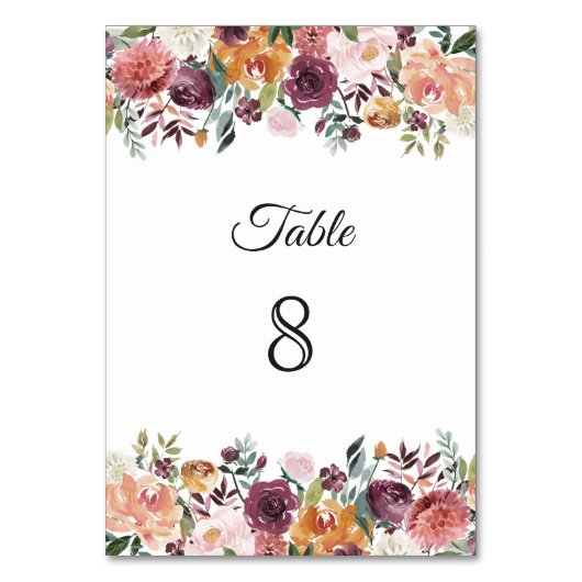 Numéro De Table Mariage Fleurs Bordures Florales Ivoire et Bourgog (Par défaut)