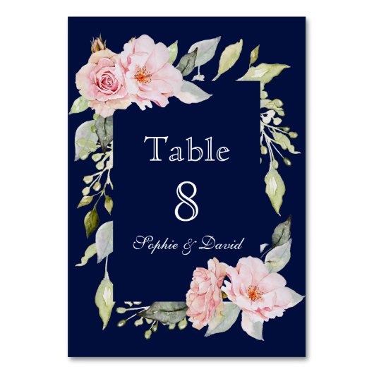 Numéro De Table Mariage Fleurs de Cerisier Rose Pâle Bleu Nuit (Dos)