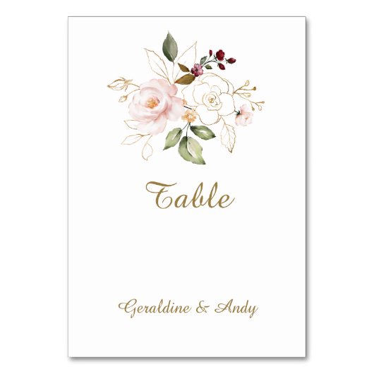 Numéro De Table Mariage Fleurs Rose Pâle Élégant Doré (Par défaut)