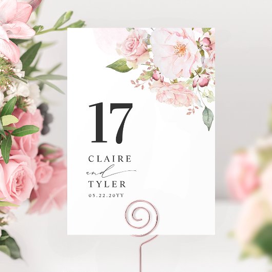 Numéro De Table Mariage Fleurs Rose Pâle et Or Rose