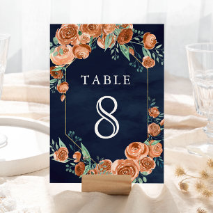 Numéro De Table Mariage Fleurs Roses Orange Brûlé Terreux Bleu Mar