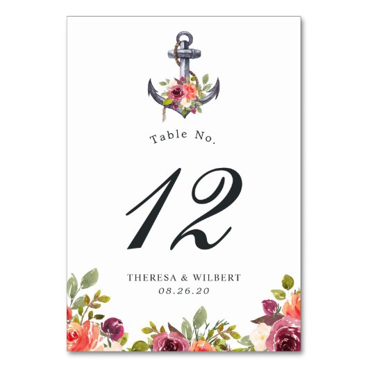 Numéro De Table Mariage Floral Aquarelle Ancre Nautique (Par défaut)