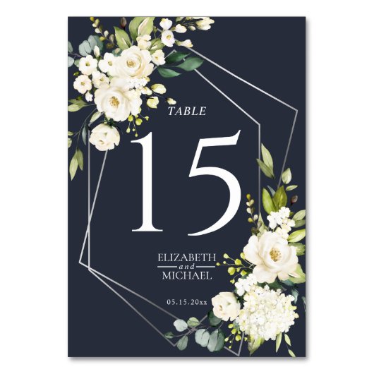 Numéro De Table Mariage floral blanc blanc bleu marine géométrique (Par défaut)
