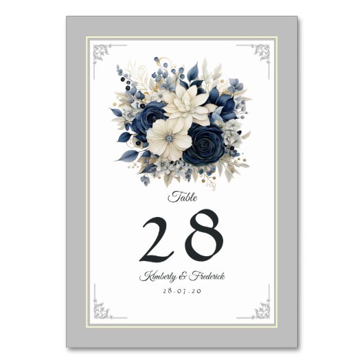 Numéro De Table Mariage floral bleu marine, crème et argent (Par défaut)