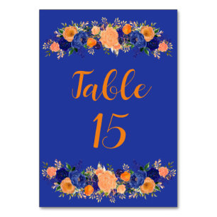 Numéro De Table Mariage floral bleu marine et orange