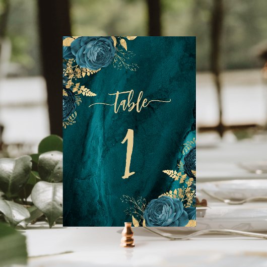 Numéro De Table Mariage Floral Bleu sarcelle Or Élégant