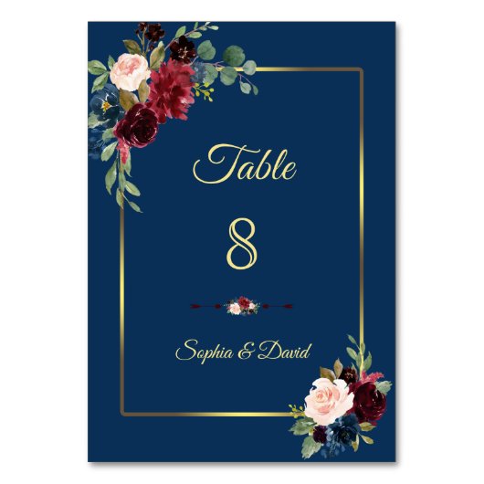 Numéro De Table Mariage Floral Bordeaux Bleu Nuit Doré (Par défaut)