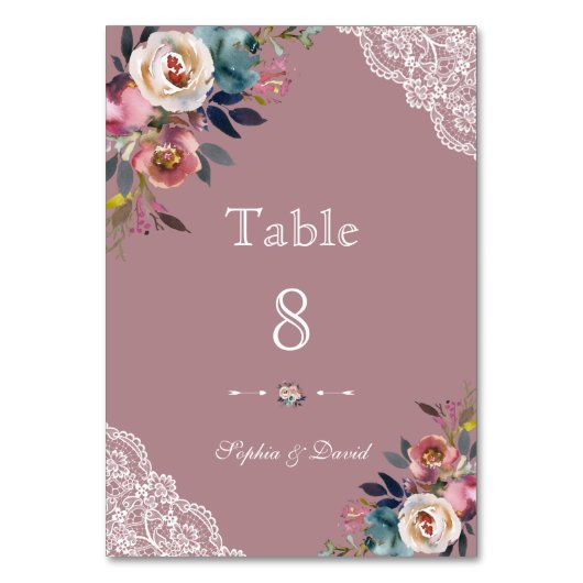 Numéro De Table Mariage Floral Charmant Bleu Poussiéreux Rose Pous (Dos)