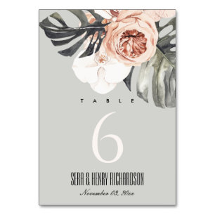 NUMÉRO DE TABLE MARIAGE FLORAL DE MONSTERA EN ROUTE GRIS