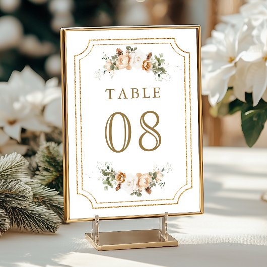 Numéro De Table Mariage floral de Noël blanc d'or d'ivoire