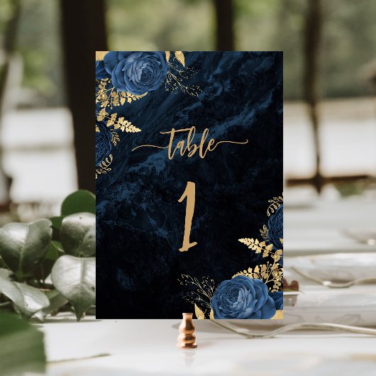 Numéro De Table Mariage floral élégant bleu marine et or