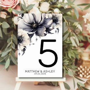 Numéro De Table Mariage Floral Élégant Moderne Noir Blanc