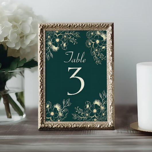 Numéro De Table Mariage Floral Émeraude Doré