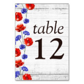 Numéro De Table Mariage floral en bois rustique et pavot rouge (Dos)