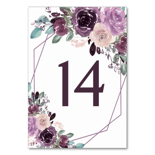 Numéro De Table Mariage Floral Géométrique Mauve Violet Sangria | (Dos)