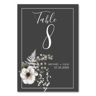 Numéro De Table Mariage floral gris foncé et blanc