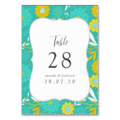 Numéro De Table Mariage floral jaune et Turquoise (Dos)