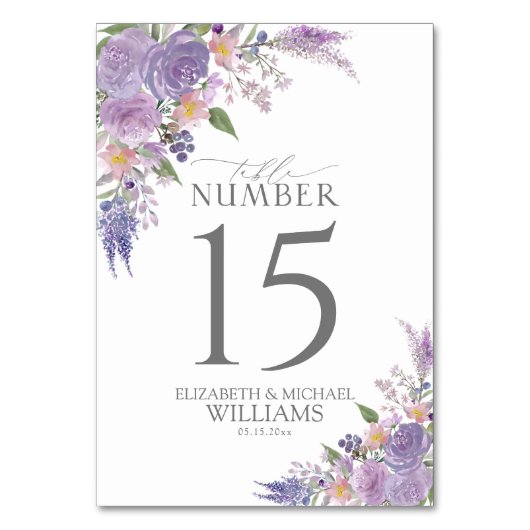 Numéro De Table Mariage floral Lilac moderne Lavender Mauve Script (Dos)