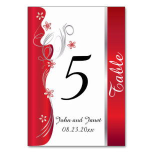 Numéro De Table Mariage floral moderne Rouge profond et argent