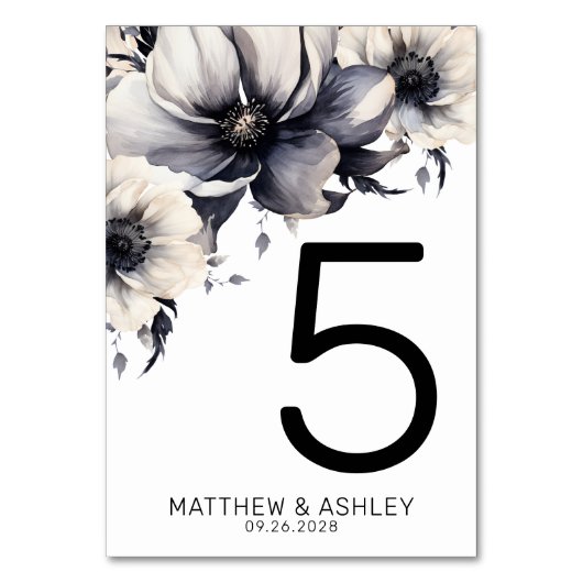 Numéro De Table Mariage floral noir blanc moderne (Dos)