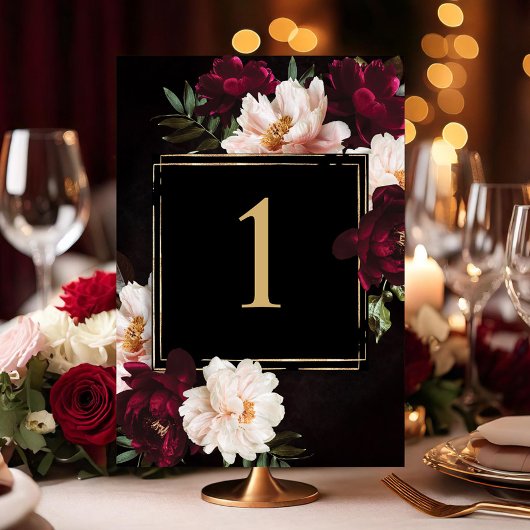 Numéro De Table Mariage floral noir noir foncé Moody Bourgogne