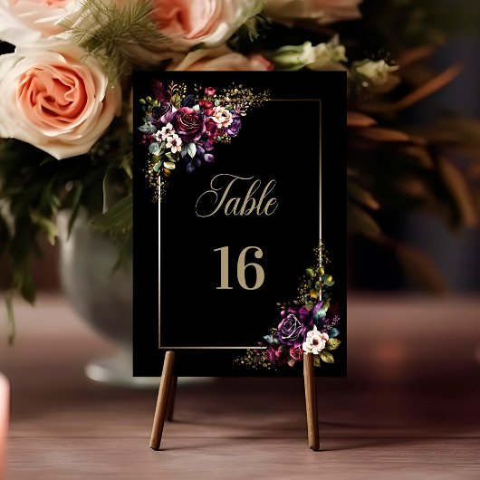 Numéro De Table Mariage floral noir pourpre bordeaux
