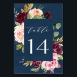 Numéro De Table Mariage floral rose bleu bleu marine Bourgogne or<br><div class="desc">Le design se compose d'un élégant arrière - plan d'aquarelle bleu foncé avec un bouquet ou une couronne d'aquarelle dans les tons de rouge bordeaux,  de marsala,  de rose pâle,  de pêche,  et plus sur les éléments verdoyants de l'eucalyptus et des feuilles d'or vintage.</div>