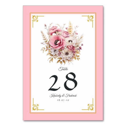 Numéro De Table Mariage floral rose et or (Par défaut)