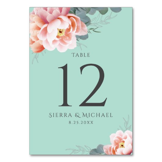 Numéro De Table Mariage floral rose pâle vert de la menthe moderne (Par défaut)
