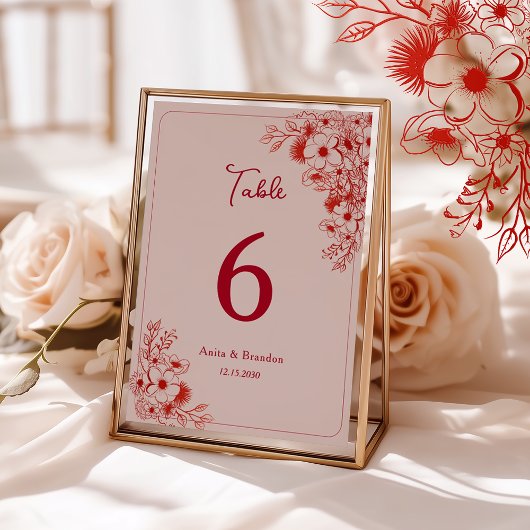 Numéro De Table Mariage floral rose rouge