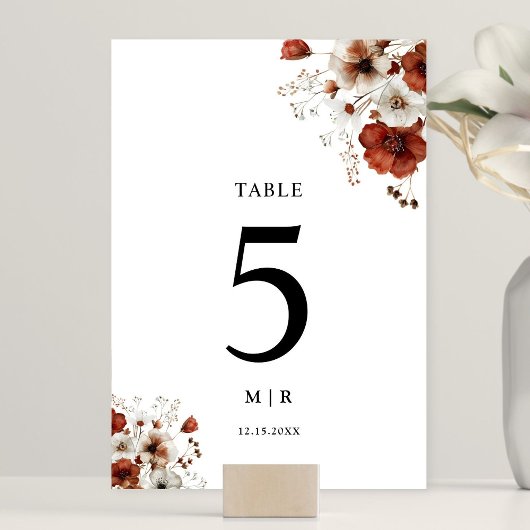 Numéro De Table Mariage floral rouge et blanc rustique