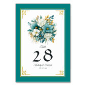 Numéro De Table Mariage floral sarcelle et or (Dos)