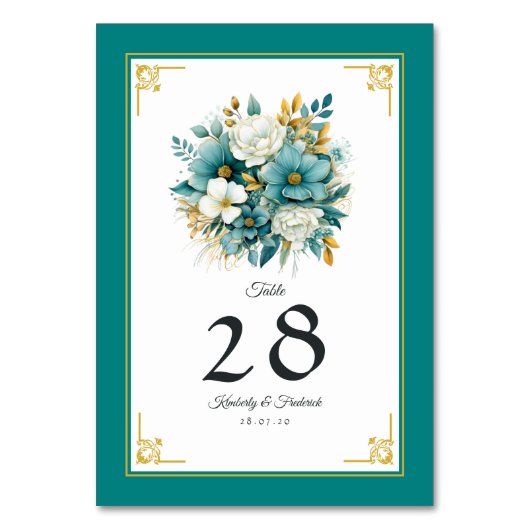 Numéro De Table Mariage floral sarcelle et or (Par défaut)