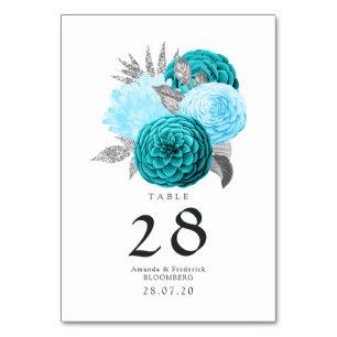 Numéro De Table Mariage floral sarcelle - turquoise et argent