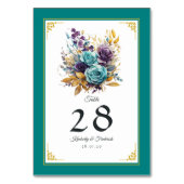 Numéro De Table Mariage floral sarcelle, violet et or (Dos)