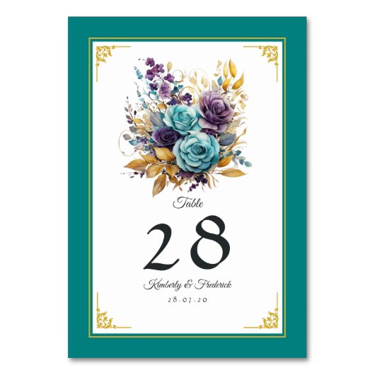 Numéro De Table Mariage floral sarcelle, violet et or (Par défaut)