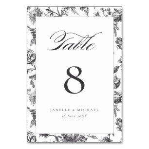 Numéro De Table Mariage Floral Toile Noir et Blanc Antique