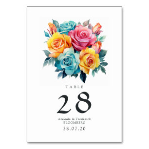 Numéro De Table Mariage floral turquoise, jaune et rose