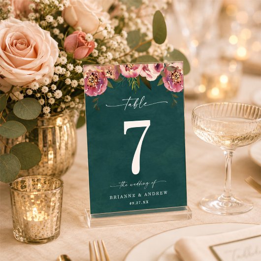Numéro De Table Mariage Floral Vert Sarcelle Profond Chic en Fleur