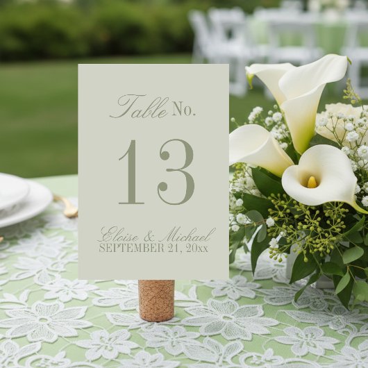 Numéro De Table Mariage Formel Vert Sauge Écriture Moderne