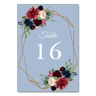 Numéro De Table mariage géométrique à fleurs bleu bordeaux et pous