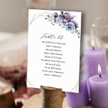 Numéro De Table Mariage géométrique en fleurs violettes poussiéreu<br><div class="desc">Élégante et moderne carte de numéro de table d'été fleurie présente un bouquet de pivoines roses aquarelles dans les tons de prune violette, rose poussiéreux, rose poussiéreux, mauve, sauge avec feuilles botaniques verts luxuriants et eucalyptus avec arrière - plan géométrique or. S'il vous plaît trouver d'autres modèles et variantes de...</div>