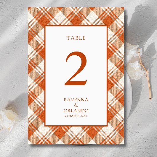 Numéro De Table Mariage Gingham Carreaux Orange Rustique Atténué